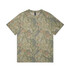 A heavy faded camo tee featuring a mix of green and tan camouflage patterns, with a logo on the label.