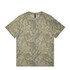 A heavy faded camo tee in shades of green and beige, featuring a camouflage pattern and a tag at the neck.