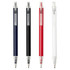 A set of four ballpoint pens in navy, black, red, and white, featuring clear barrels and branding.