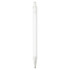 A ballpoint pen made of recycled aluminium, featuring a transparent barrel and a silver tip, with a logo.