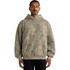 A hooded sweatshirt featuring a faded camouflage pattern in earthy tones. It has a front pocket and a logo.