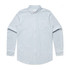 A button-up Oxford stripe shirt in light blue, featuring long sleeves and a chest pocket. It has a logo.