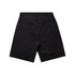 A pair of black denim shorts with a five-pocket design, featuring a plain back view.