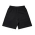 Black shorts with an elastic waistband and a single back pocket. Features a logo on the design.