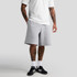Light grey shorts with a relaxed fit, featuring an elastic waistband and side pockets, worn with a white t-shirt.