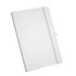 A white A5 journal with a grey elastic band and a logo on the cover.