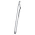 A silver recycled stainless steel pen with a textured grip and a clip, featuring a logo.