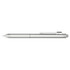 A silver stainless steel pen featuring a sleek design, with a clip and a textured grip, along with a logo.