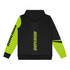 A black hoodie with vibrant green accents, featuring a logo on the sleeve and back.