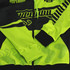 A vibrant yellow and black zipped hoodie featuring contrasting patterns and a logo. Ideal for active wear.