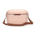 A drink cooler in a soft pink colour with a brown strap, featuring a smooth, rounded design.