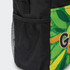 A black and green lunch cooler bag with a mesh pocket and colourful graphic design, featuring a logo.