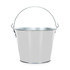 A white metal ice bucket with a silver handle and a shiny finish. It features a circular base and an open top.