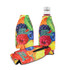A drink bottle cooler featuring a vibrant fruit pattern in multiple colours, including red, yellow, and green, with a logo.