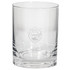 A clear glass tumbler with a circular base and an engraved logo. The design is simple and elegant.