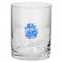 A clear glass tumbler featuring a blue design with the words "Make a Splash". It has a branding logo.