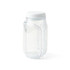A clear plastic salad jar with a white lid and a unique curved design. It features a logo on the side.