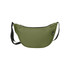 A green recycled waist bag with a zip closure and an adjustable strap, featuring a logo.