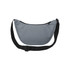 A grey recycled waist bag with a zip closure and an adjustable black strap. It features a logo.