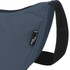A blue waist bag with a black strap, featuring a small logo tag.