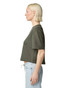 A women's mid-length boxy top in olive green, featuring short sleeves and a relaxed fit, with a logo.