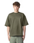 A unisex oversized boxy top in olive green with a crew neckline and finished seams. It features a logo.