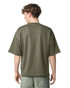 A unisex oversized boxy top in olive green, featuring a simple design and a logo on the back.