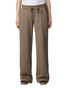 Wide leg women's pants in a light brown colour with an elastic waistband and drawstring. Features branding on the garment.