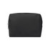 A black toiletry bag with a zipper and a subtle logo, featuring a sleek and simple design.