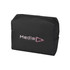 A black toiletry bag with a zip closure and a branding logo on the front.