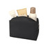 A black toiletry bag containing small bottles and tubes of personal care products. It features a zip closure and has a logo.