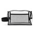 A clear cosmetic bag with a black mesh panel and a black handle. It features a zip closure and a simple design.