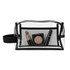 A clear cosmetic bag in black trim, featuring lipstick, eyeshadow, and mascara inside.