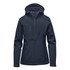 A women's navy softshell jacket with a hood, featuring zippered pockets and a logo.