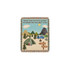 A tapestry blanket featuring a camping scene with mountains, trees, a tent, and a blue van, in earthy tones.