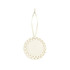 A ceramic ornament in white with a decorative perforated edge and a hanging ribbon.