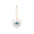 A ceramic ornament in a heart shape, featuring a blue insect design and a gold hanging string.