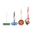 A collection of custom-shaped acrylic ornaments in various colours, with hanging cords and different designs.