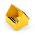 A yellow desk calendar and organiser shaped like a house, filled with pens, sticky notes, and stationery supplies.