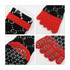 A pair of black and red toe socks with a textured grip pattern on the soles and a woven design on the upper.