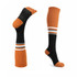 Knee high socks featuring an orange and black design with striped accents and grip dots on the soles.