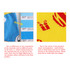 A pair of colourful custom toe socks featuring blue and yellow designs with red patterns, including gifts and fire symbols.