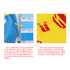 A close-up of colourful custom toe socks featuring a blue background with patterns and a yellow background with illustrations.
