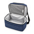 A blue cooler bag with a silver insulated interior and a zippered opening. It features a front pocket and an adjustable strap.