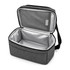 A grey cooler bag with a silver interior, featuring a zippered opening and a shoulder strap.