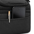A black cooler bag with a zipped pocket featuring a phone and a pen. The bag has a simple design and is made from fabric.