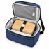 A blue cooler bag with a zippered opening, containing two lunch boxes and a mesh pocket inside.