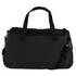 A black duffel bag featuring handles and an adjustable strap, with a logo on the side.