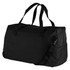 A black duffel bag with dual handles and an adjustable shoulder strap, featuring a small logo.