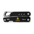 A black multi-tool featuring a carabiner clip and silver attachments, with a logo on one side.